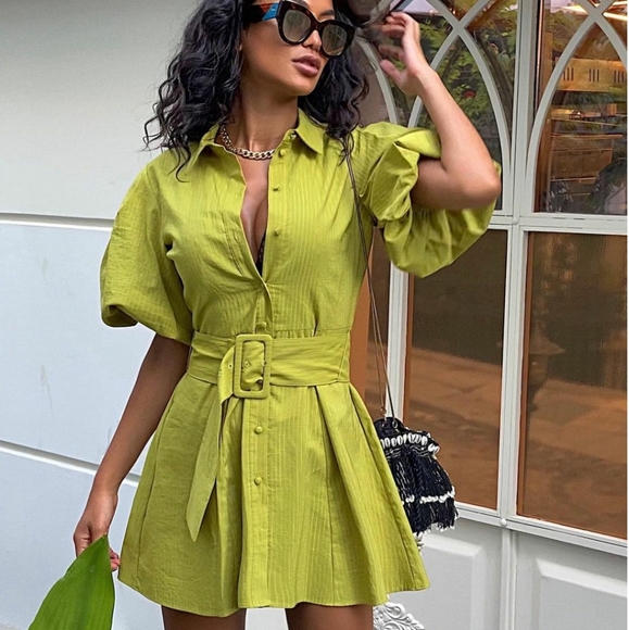 Zara Dresses & Skirts - ZARA | Voluminous Sleeve Belted Dress Pistachio